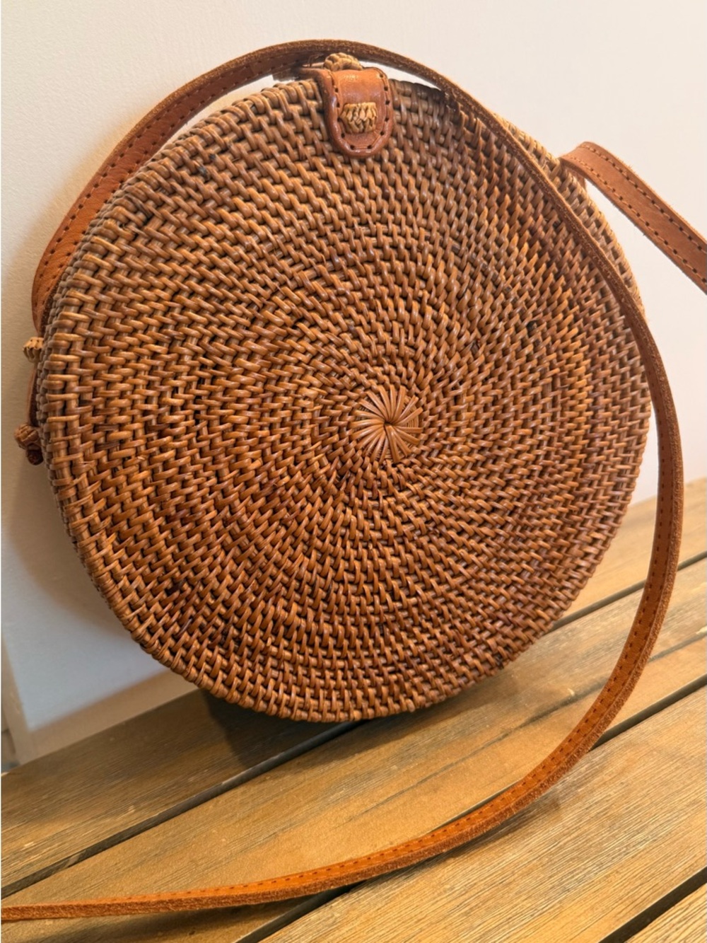Handwoven Round Rattan Crossbody Bag in Brown